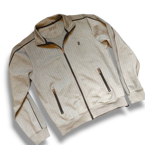 DKNY - Men's Lightweight Grey Pinstripe Zip Up Casual Jacket Coat - Picture 1 of 9